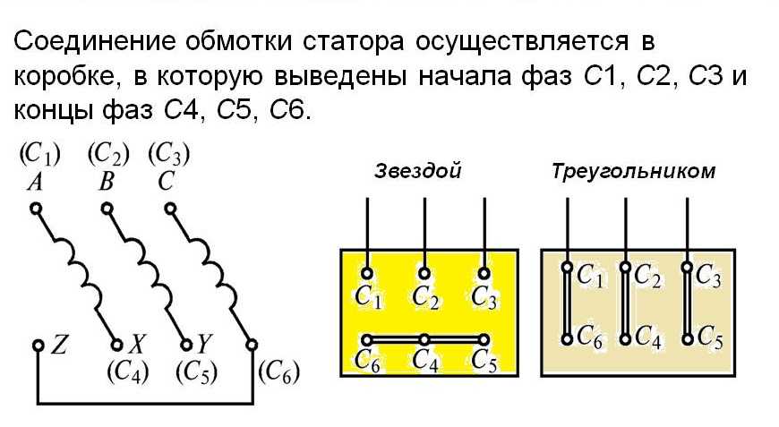 Схема подключения обмоток трехфазного двигателя треугольником