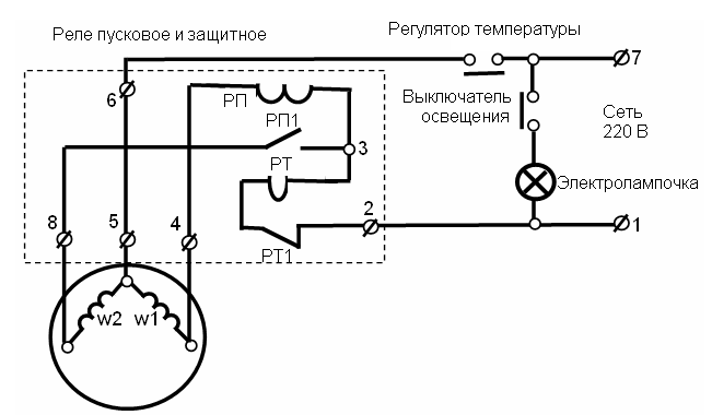 Схема подключения двигателя холодильника