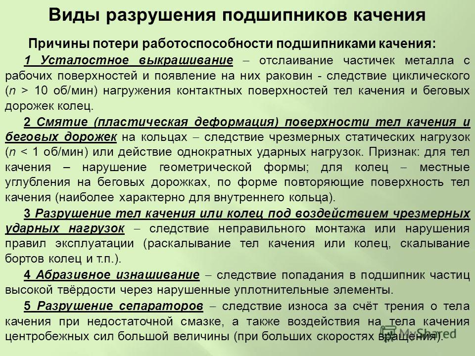 Виды разрушений. Основные неисправности подшипников качения. Виды разрушения подшипников качения. Причины износа подшипников качения. Виды повреждений подшипников качения.