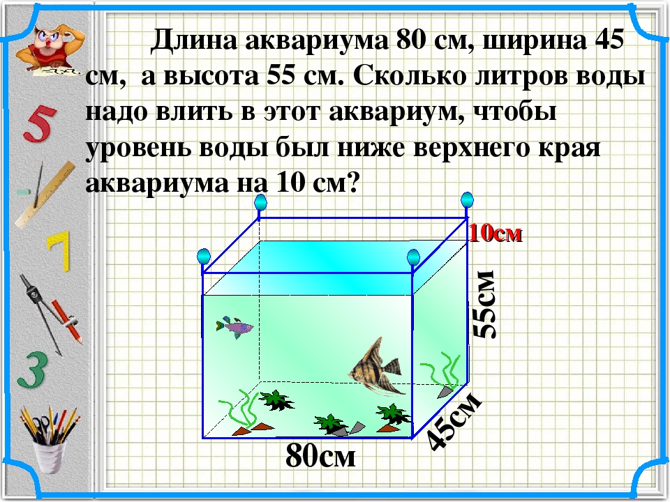 На рисунке изображены два аквариума у которых высота и ширина одинаковые объем меньшего 130 л