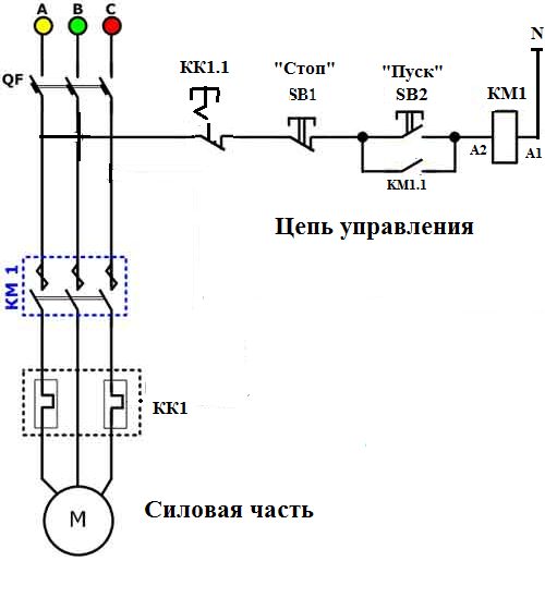 Схема реверсивного пускателя с тепловым реле подключения в трехфазной сети через кнопочный пост