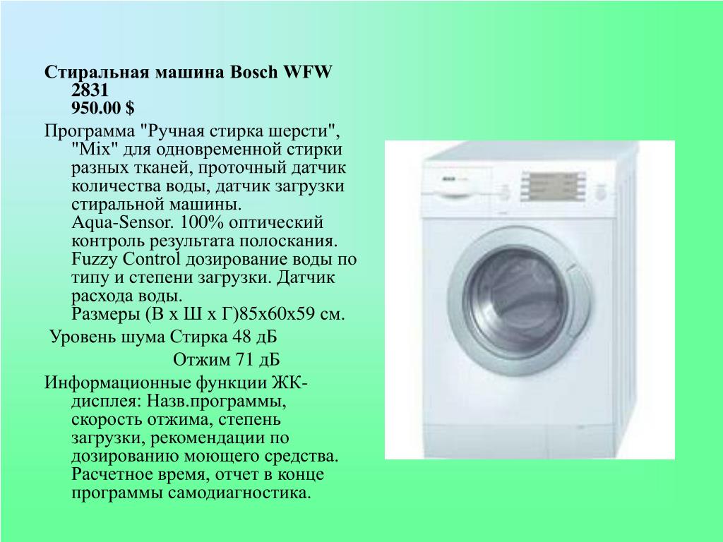 Стиральная машина пишет. Стиральная машина Bosch WFW 2831. Стиральная машинка бош механическая программы. Презентация Стиральные машины бош. Стиральная машина для презентации.