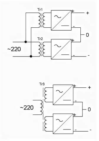 Два напряжения от одной обмотки трансформатора схема