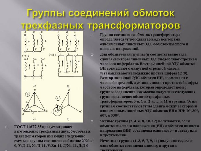 Схемы и группы соединений обмоток трансформаторов