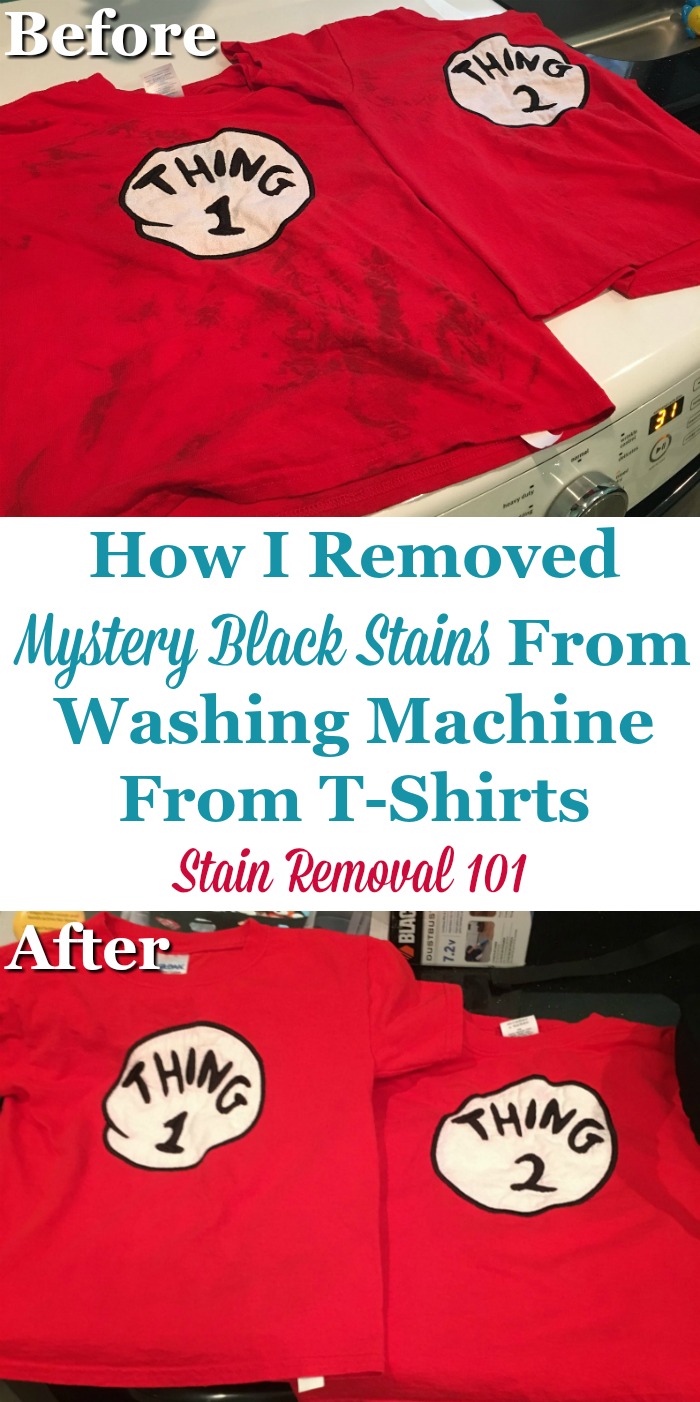 Black mystery stains caused by washer, and how they were removed from t-shirts, plus lots of other tips for removing a variety of washing machine stains {on Stain Removal 101} Black mystery stains caused by washer, and how they were removed from t-shirts, plus lots of other tips for removing a variety of washing machine stains {on Stain Removal 101} #StainRemoval #Laundry #LaundryTips
